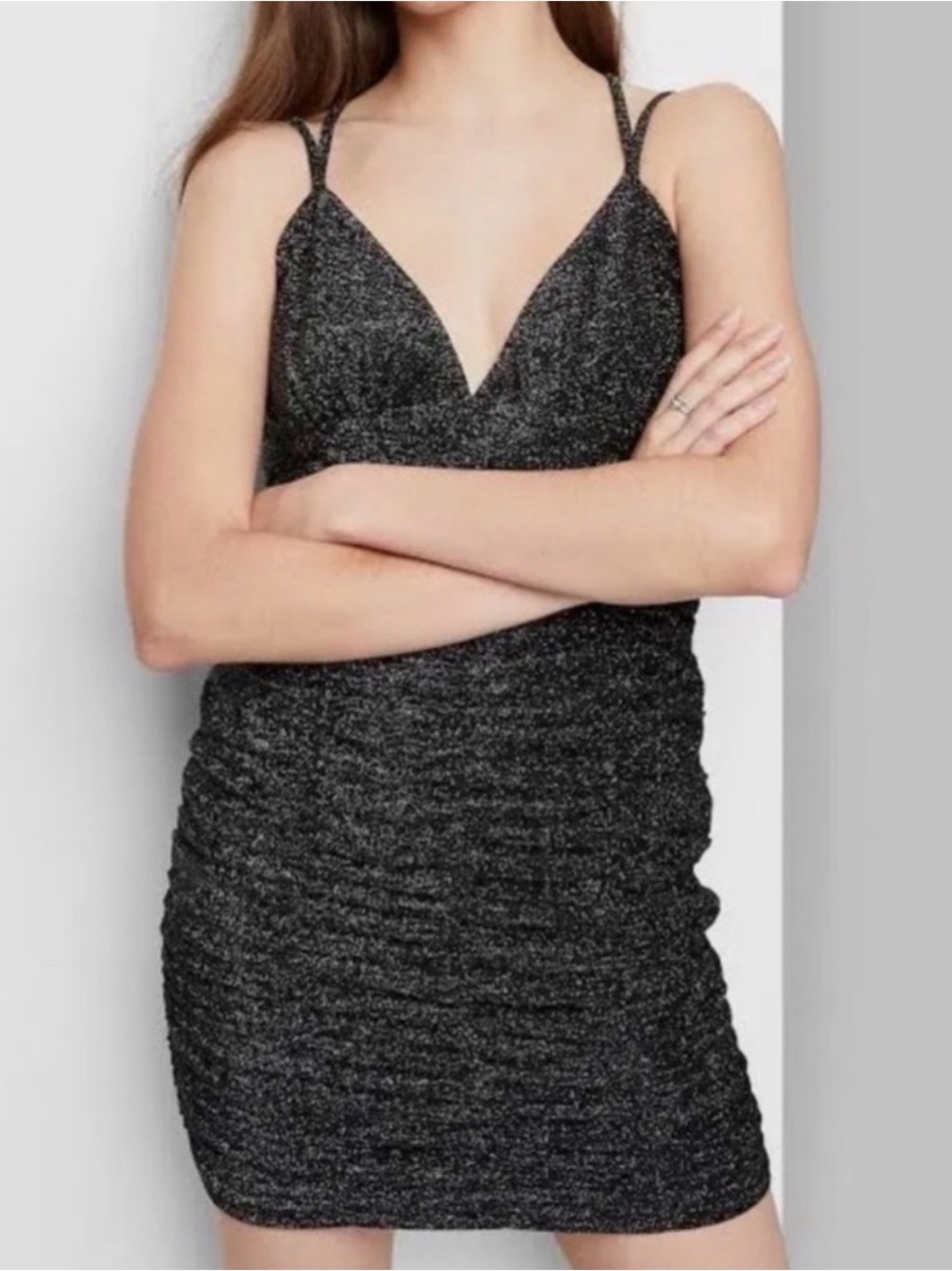 wild fable Metallic Black V-Neck Ruched Mini Dress